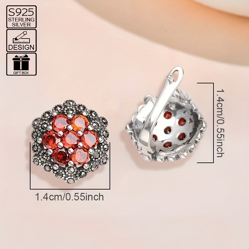 925 Sterling Silver Flower Garnet Earrings Hypoallergenic